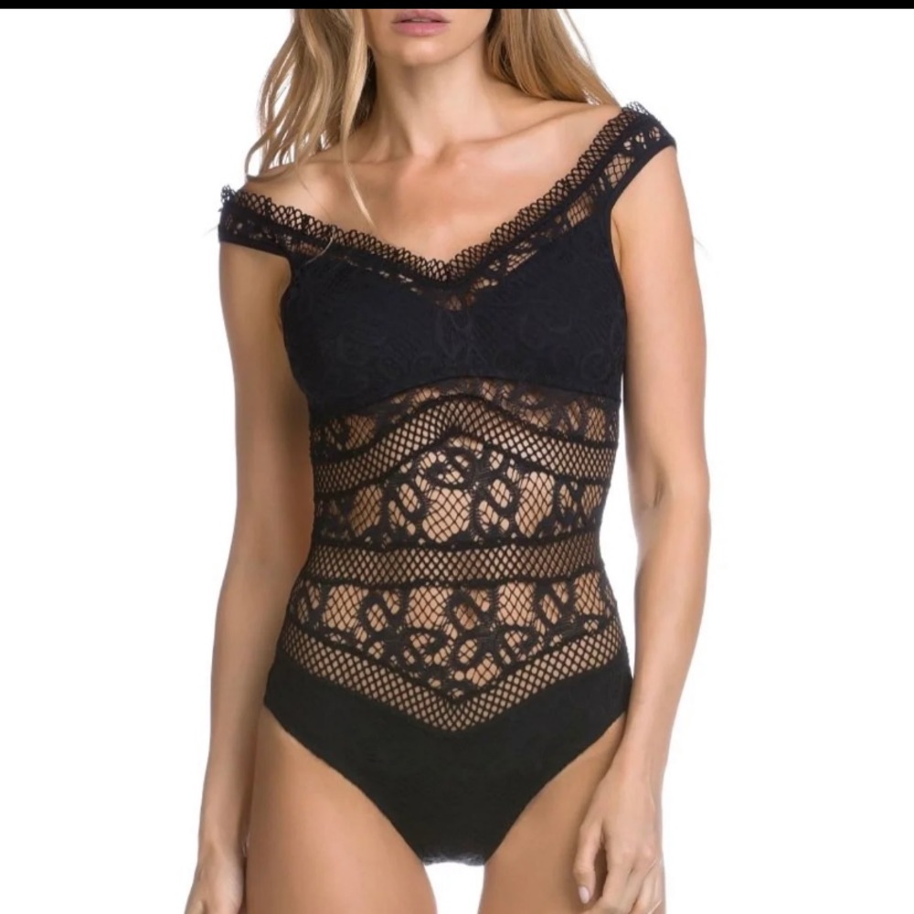Becca Black Crochet One Piece Swimsuit